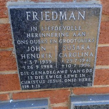 FRIEDMAN John Hendrik 1939-1988 &amp; Susara Carolina 1941-1996