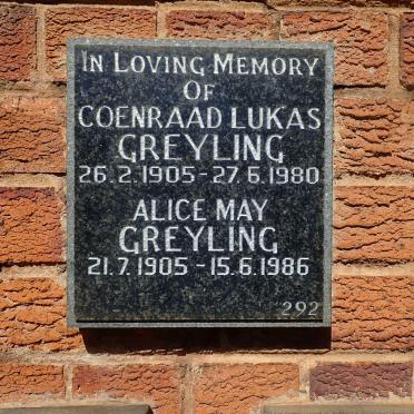 GREYLING Coenraad Lukas 1905-1980 &amp; Alice May 1905-1986
