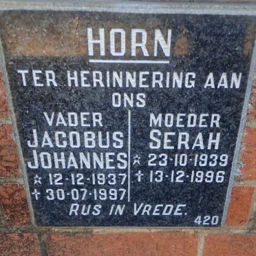 HORN Jacobus Johannes 1937-1997 &amp; Serah 1939-1996