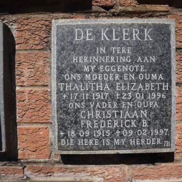 KLERK Christiaan Frederick B., de 1915-1997 &amp; Thalitha Elizabeth 1917-1996