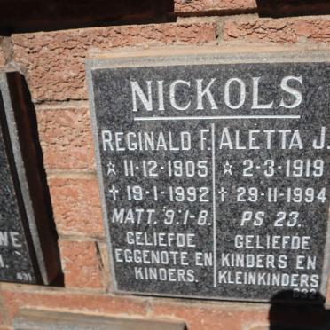NICKOLS Reginald F. 1905-1992 &amp; Aletta J. 1919-1994