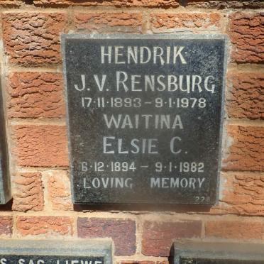 RENSBURG Hendrik, J.v. 1893-1978 &amp; Waitina Elsie C. 1894-1982