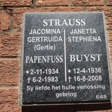STRAUSS Jacomina Gertruida nee PAPENFUSS 1934-1983 :: STRAUSS Janetta Stephiena nee BUYST 1936-2008