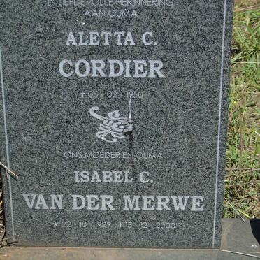 CORDIER Aletta C. -1950 :: VAN DER MERWE Isabel C. 1929-2000