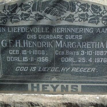 HEYNS G.F.H. 1888-1956 & Margaretha I. BRITS 1887-1976