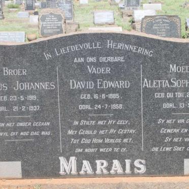 MARAIS David Edward 1885-1958 & Aletta Sophia Jacoba DU TOIT 1890-1958 :: MARAIS Petrus Johannes 1919-1937