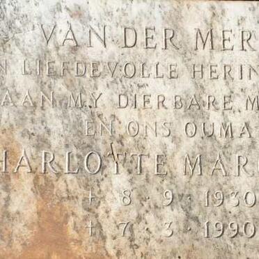 MERWE Charlotte Margaret, van der 1930-1990