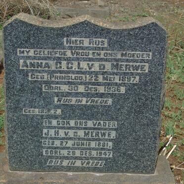 MERWE J.H., v.d. 1881-1947 & Anna G.G.L. PRINSLOO 1897-1936