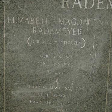 RADEMEYER Elizabeth Magdalena nee V.D. WESTHUIZEN 1888-1965
