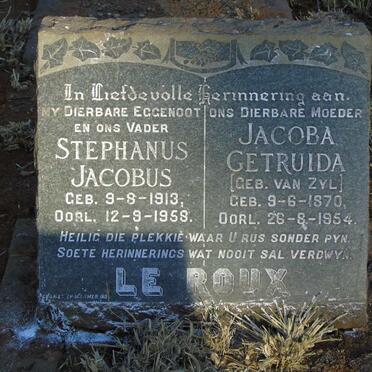 ROUX Jacoba Getruida, le nee VAN ZYL 1870-1954 :: LE ROUX Stephanus Jacobus 1913-1958 