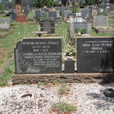 STEENKAMP Petronella Aletta voorheen GOOSEN nee GREYLING 1901-1993 :: GOOSEN Frederik Wessel 1926-1976 :: MORGAN Johan Elias Petrus 1923-1993