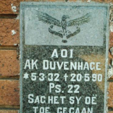 DUVENHAGE A.K. 1932-1990
