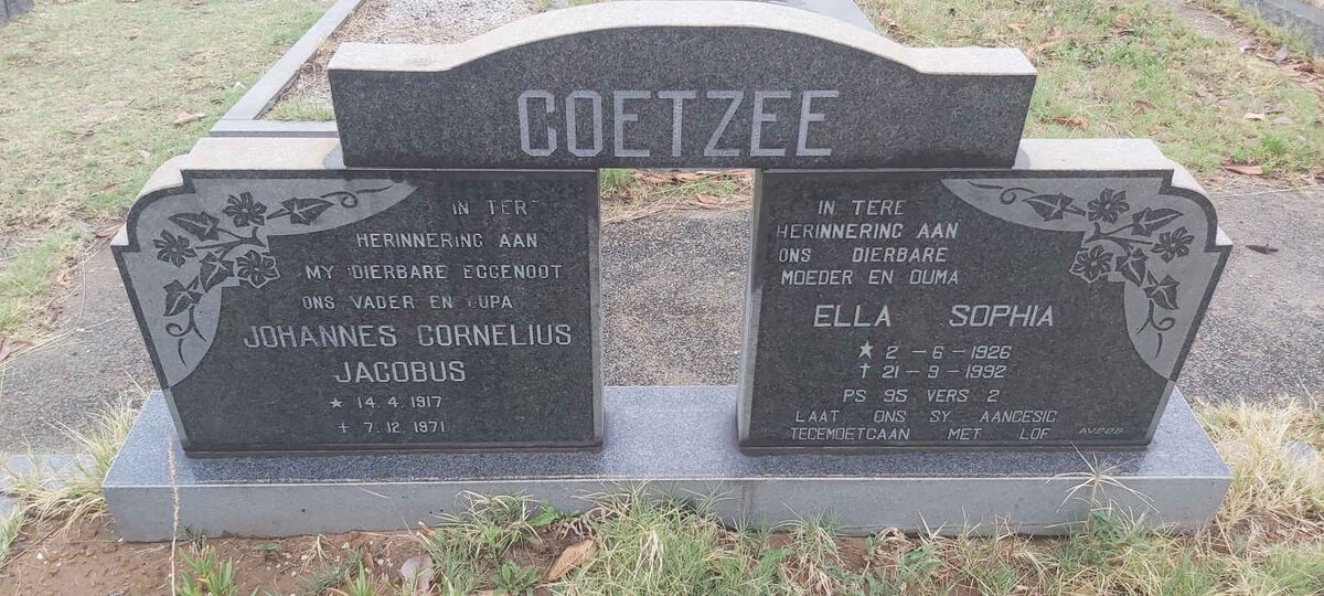 COETZEE Johannes Cornelius Jacobus 1917-1971 & Ella Sophia 1926-1992