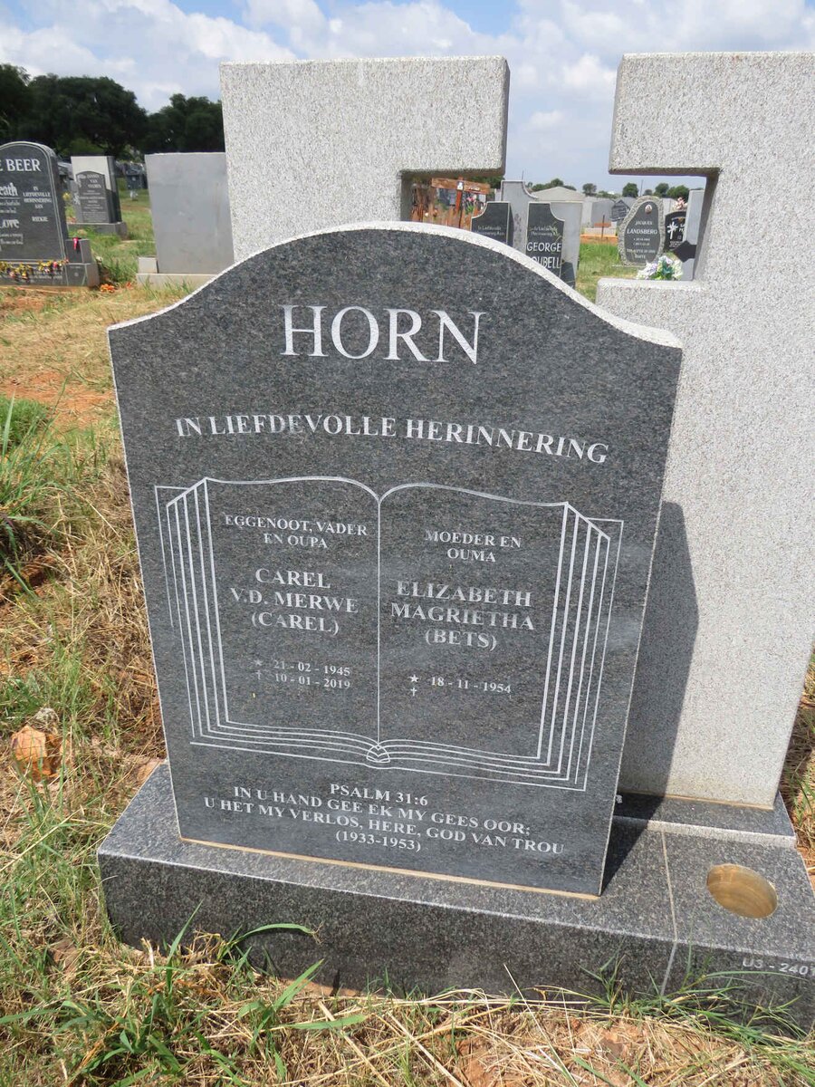 HORN Carel V.D. Merwe 1945-2019 & Elizabeth Magrietha 1954- 