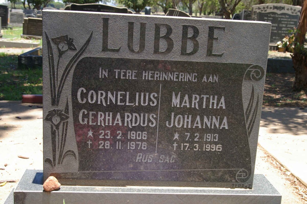 LUBBE Cornelius Gerhardus 1906-1976 &amp; Martha Johanna 1913-1996