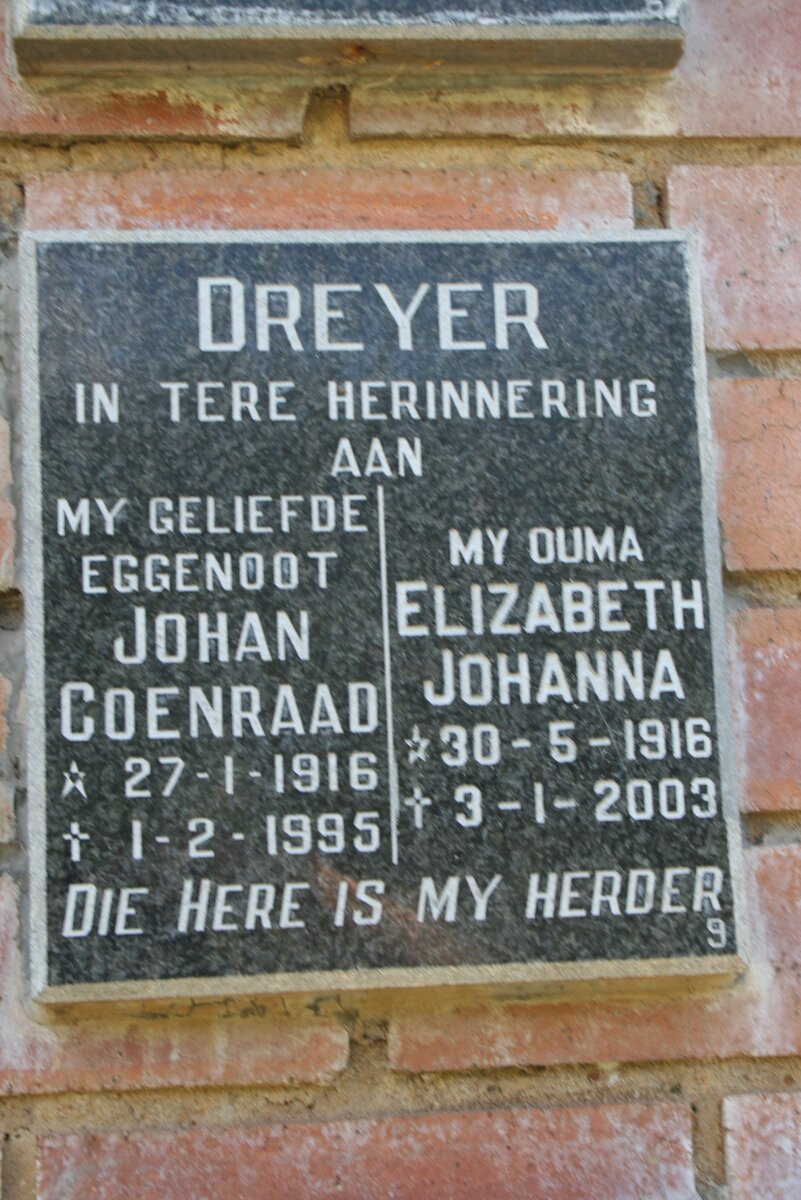 DREYER Johan Coenraad 1916-1995 &amp; Elizabeth Johanna 1916-2003