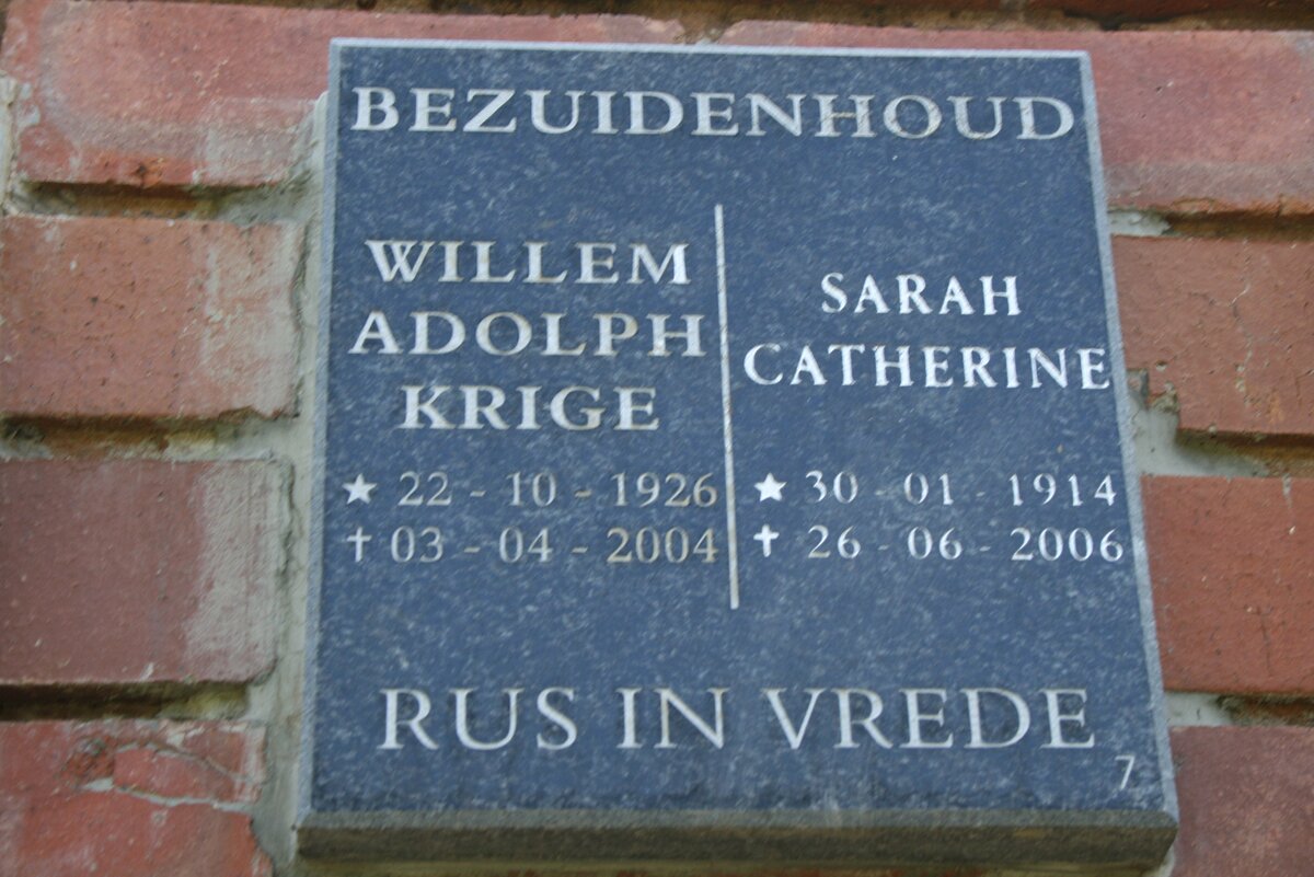 BEZUIDENHOUT Willem Adolph Krige 1926-2004 &amp; Sarah Catherine 1914-2006