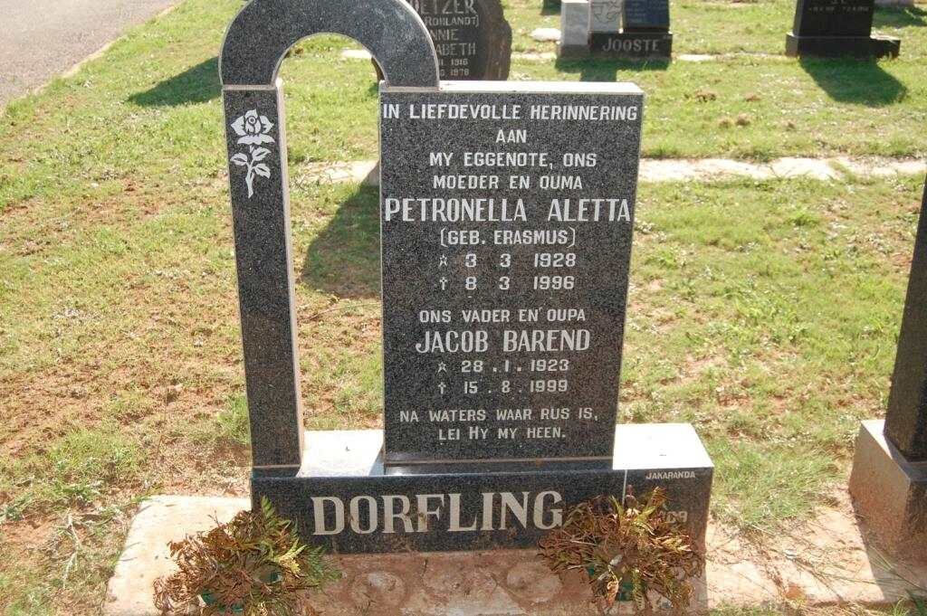 DORFLING Jacob Barend 1923-1999 &amp; Petronella Aletta ERASMUS 1928-1996