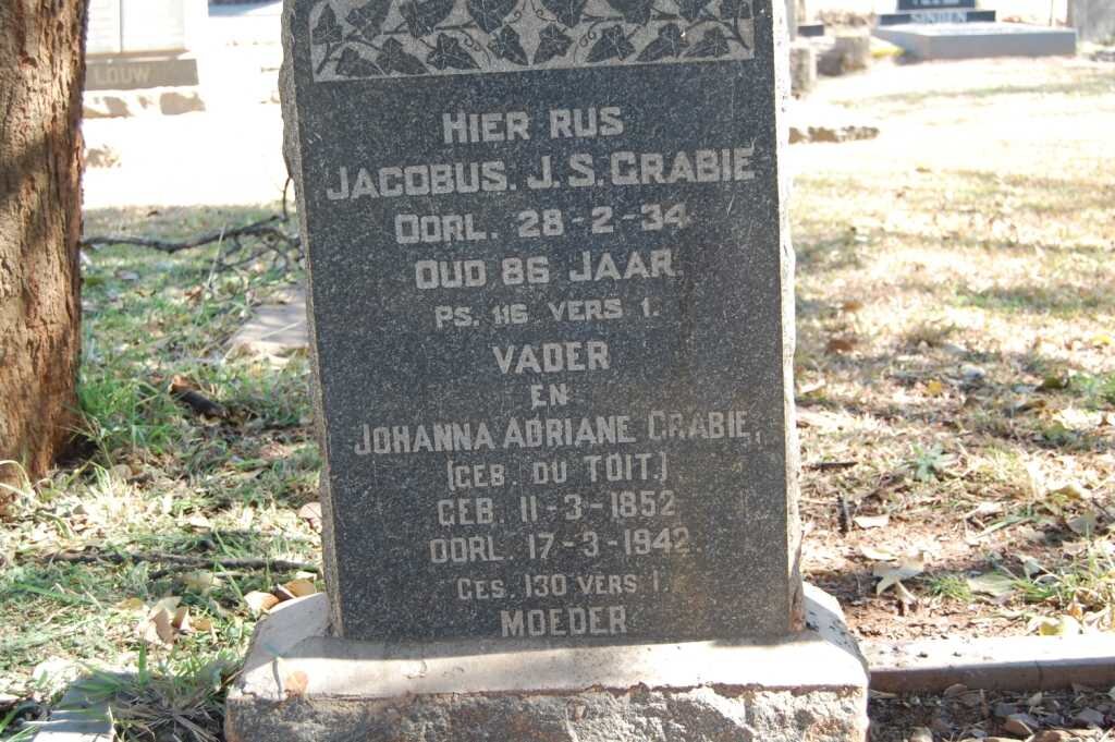 GRABIE Jacobus J.S. -1934 &amp; Johanna Adriane DU TOIT 1852-1942