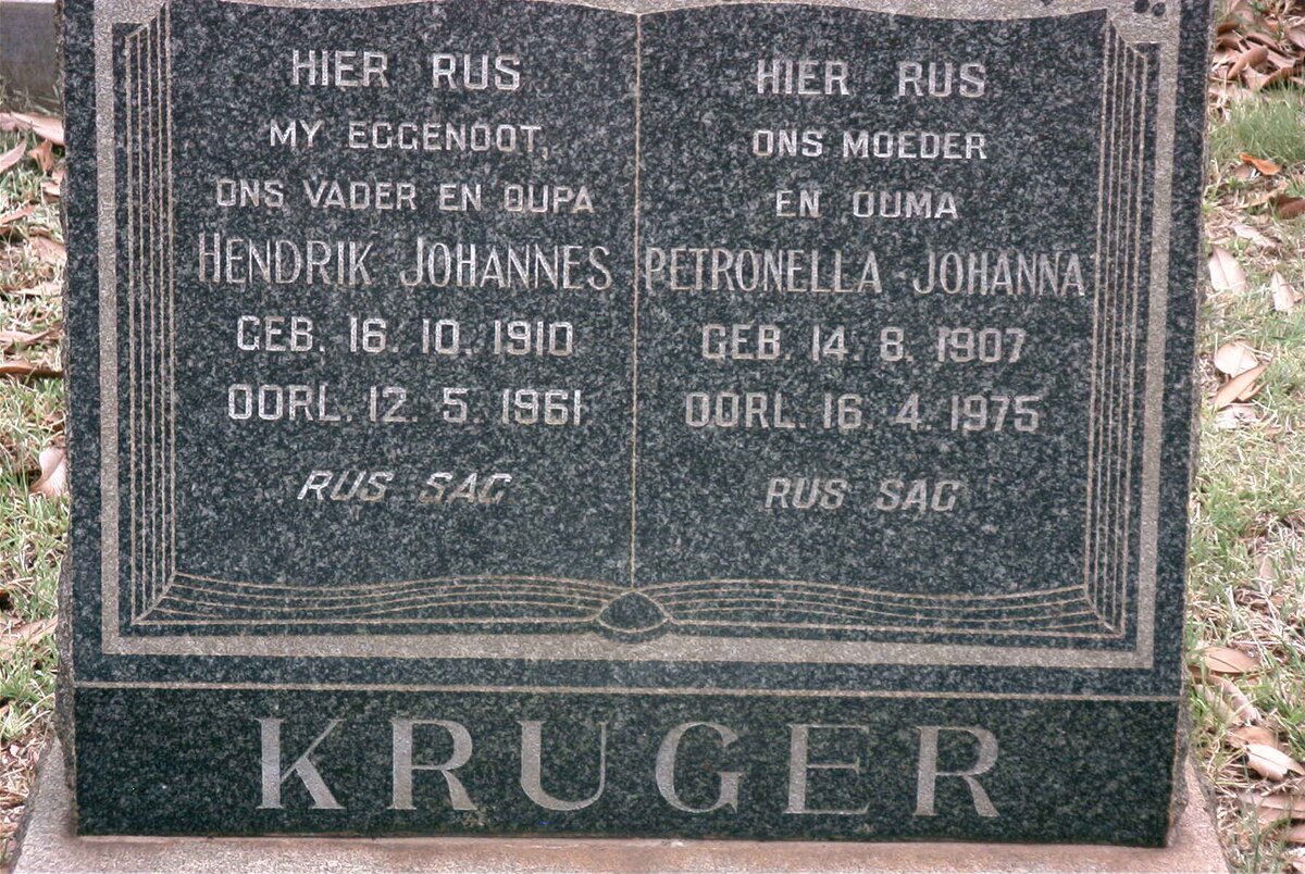 KRUGER Hendrik Johannes 1910-1961 &amp; Petronella Johanna 1907-1975