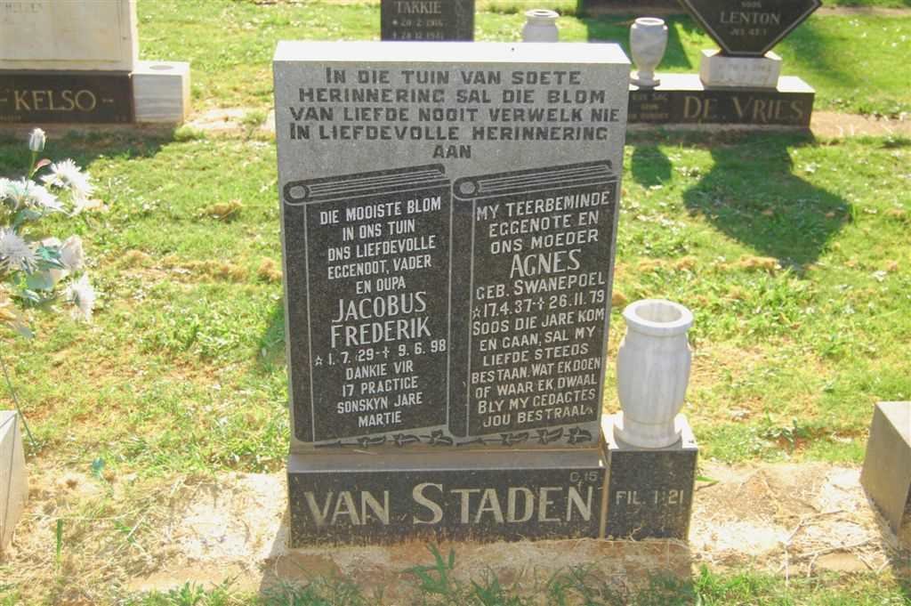 STADEN Jacobus Frederik, van 1929-1998 &amp; Agnes SWANEPOEL 1937-1979