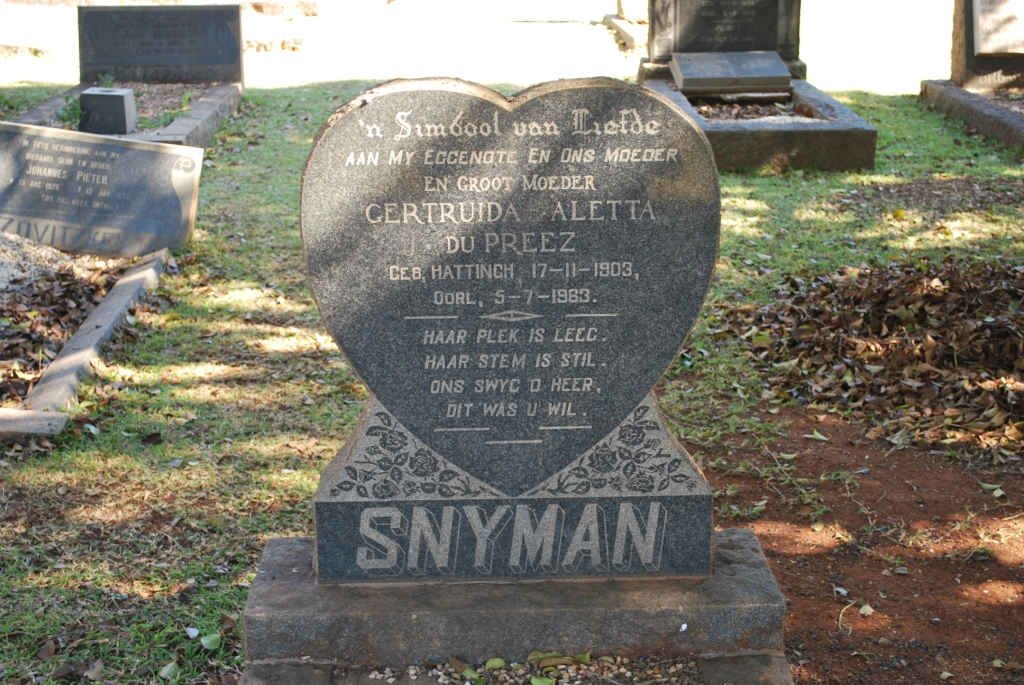 SNYMAN Gertruida Aletta du Preez nee HATTINGH 1903-1983
