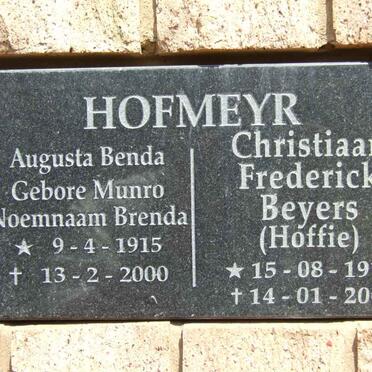 HOFMEYR Christiaan Frederik Beyers 1916-2004 &amp; Augusta Benda MUNRO 1915-2000