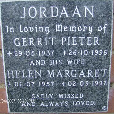 JORDAAN Gerrit Pieter 1937-1996 &amp; Helen Margaret 1957-1997
