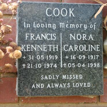 COOK Francis Kenneth 1919-1974 &amp; Nora Caroline 1917-1998