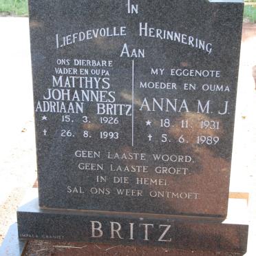 BRITZ Matthys Johannes Adriaan 1926-1993 &amp; Anna M.J. 1931-1989