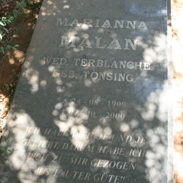 MALAN Marianna formerly TERBLANCHE nee TÖNSING 1909-2000