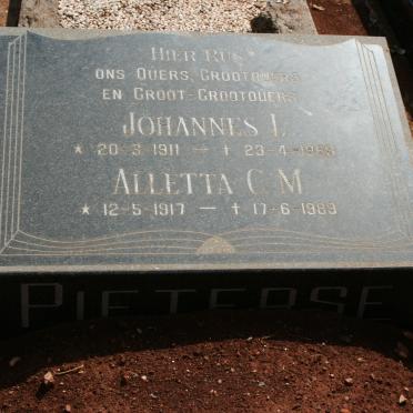 PIETERSE Johannes I. 1911-1968 &amp; Alletta C.M. 1917-1989