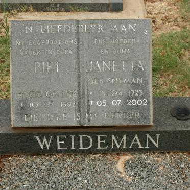 WEIDEMAN Piet 1922-1992 &amp; Janetta SNYMAN 1923-2002