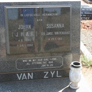 ZYL J.H.A.R., van 1910-1992 &amp; Susanna JANSE VAN RENSBURG 1912-