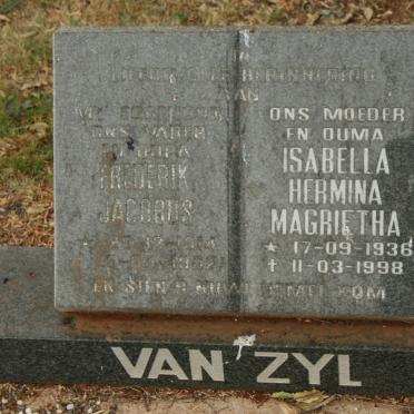 ZYL Frederik Jacobus, van 1914-1982 &amp; Isabella Hermina Magrietha 1936-1998
