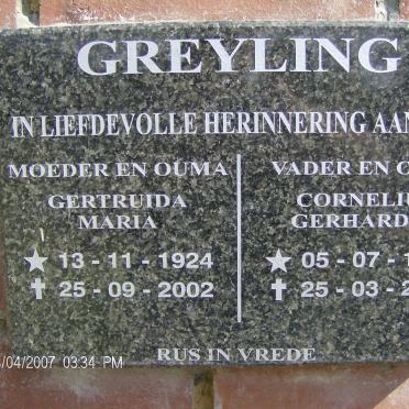 GREYLING Cornelius Gerhardus 1923-2004 &amp; Gertruida Maria 1924-2002
