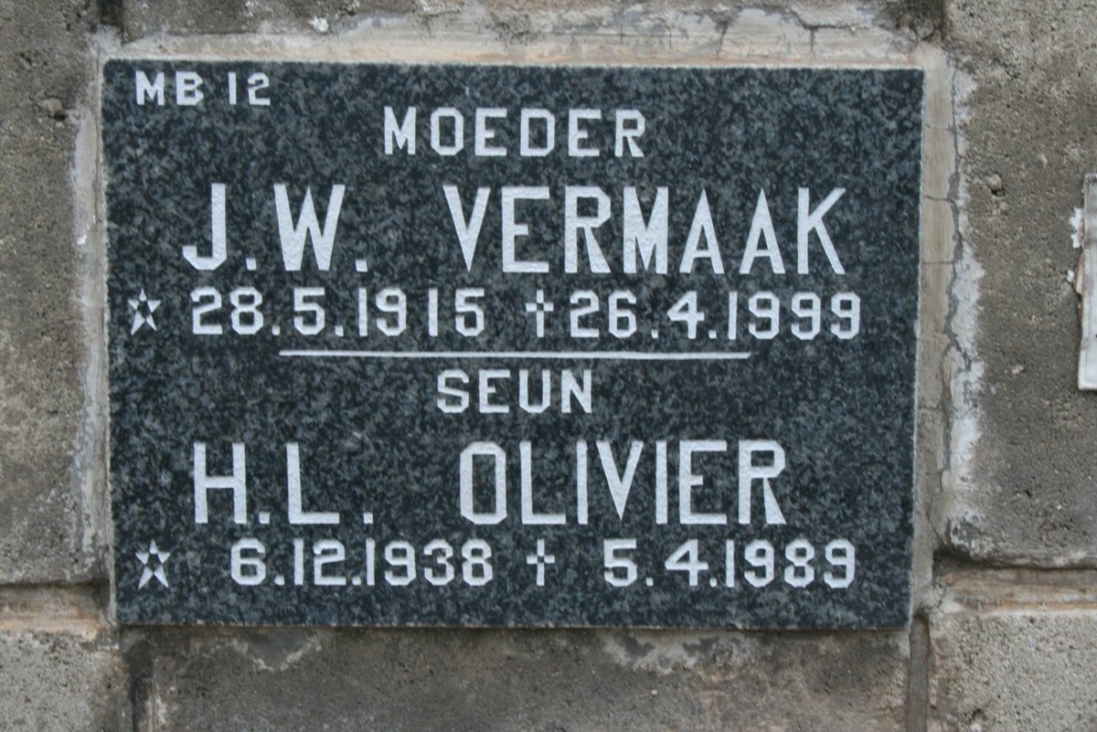 VERMAAK J.W. 1915-1999 :: OLIVIER H.L. 1938-1999