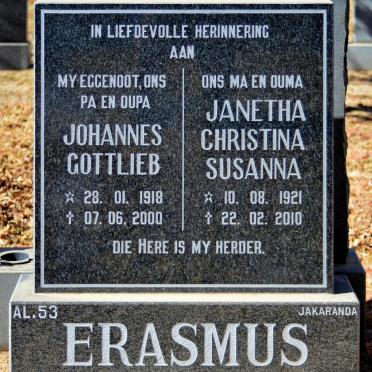 ERASMUS Johannes Gottlieb 1918-2000 &amp; Janetha Christina Susanna 1921-2010