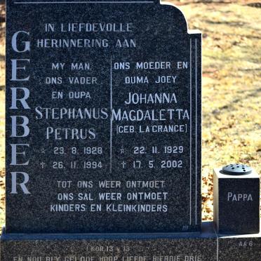 GERBER Stephanus Petrus 1928-1994 &amp; Johanna Magdaletta LA GRANGE 1929-2002