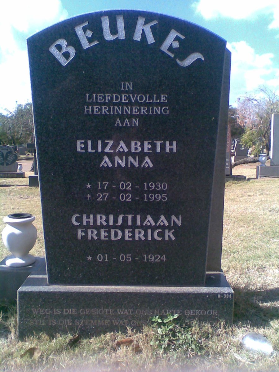 BEUKES Christiaan Frederick 1924-Elizabeth Anna 1930-1995