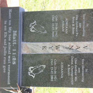 WYK Adriaan Johan, van 1942-2000 :: Johanna VAN WYK 1921-2003