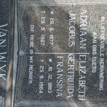 WYK Adriaan Jacobus, van 1877-1967 &amp; Elizabeth Gertruida Fransina 1883-1984