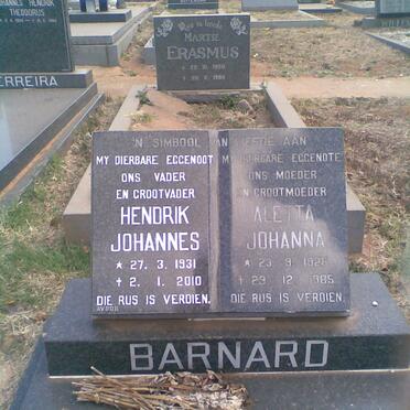 BARNARD  Hendrik Johannes 1931-2010 &amp; Aletta Johanna 1928-1985