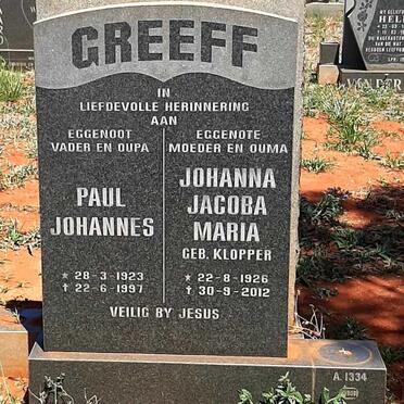 GREEFF Paul Johannes 1923-1997 &amp; Johanna Jacoba Maria KLOPPER 1926-2012