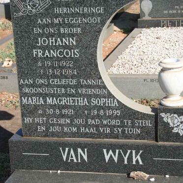 WYK Johann Francois, van 1922-1984 &amp; Maria Magrietha Sophia 1921-1995