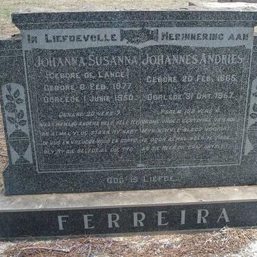 FERREIRA Johannes Andries 1865-19?7 &amp; Johanna Susanna DE LANGE 1877-1950
