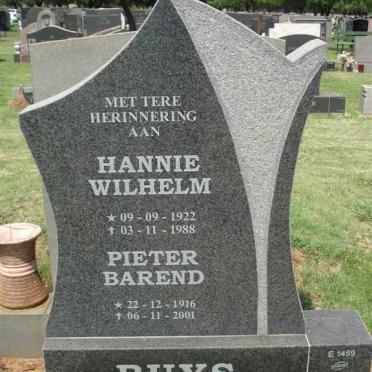 BUYS Pieter Barend 1916-2001 :: BUYS Hannie Wilhelm 1922-1988