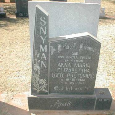 SNYMAN Anna Maria Elizabettha nee PRETORIUS 1944-1985