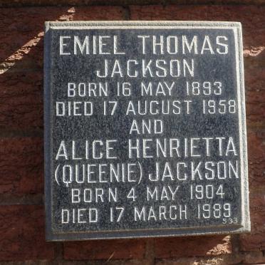 JACKSON Emiel Thomas 1893-1958 &amp; Alice Henrietta 1904-1989