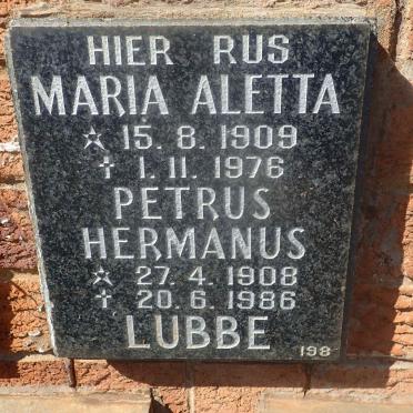 LUBBE Petrus Hermanus 1908-1986 &amp; Maria Aletta 1909-1976